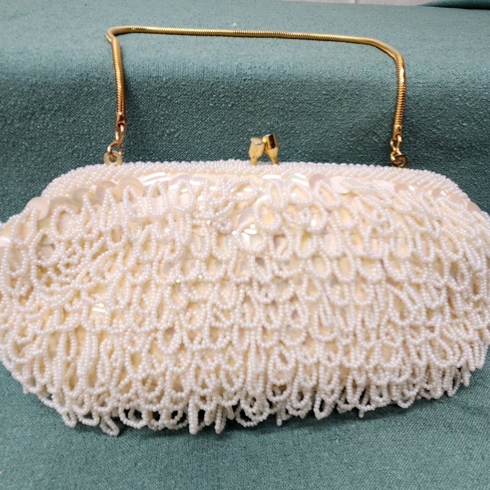 VTG Ivory Beaded Clutch Purse Evening Bag  Wedding Formal